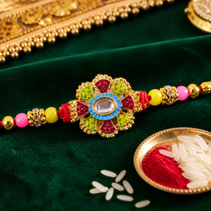 Premium Rakhi with Ornate Floral Medallion and bead line in chain look for Gift Use