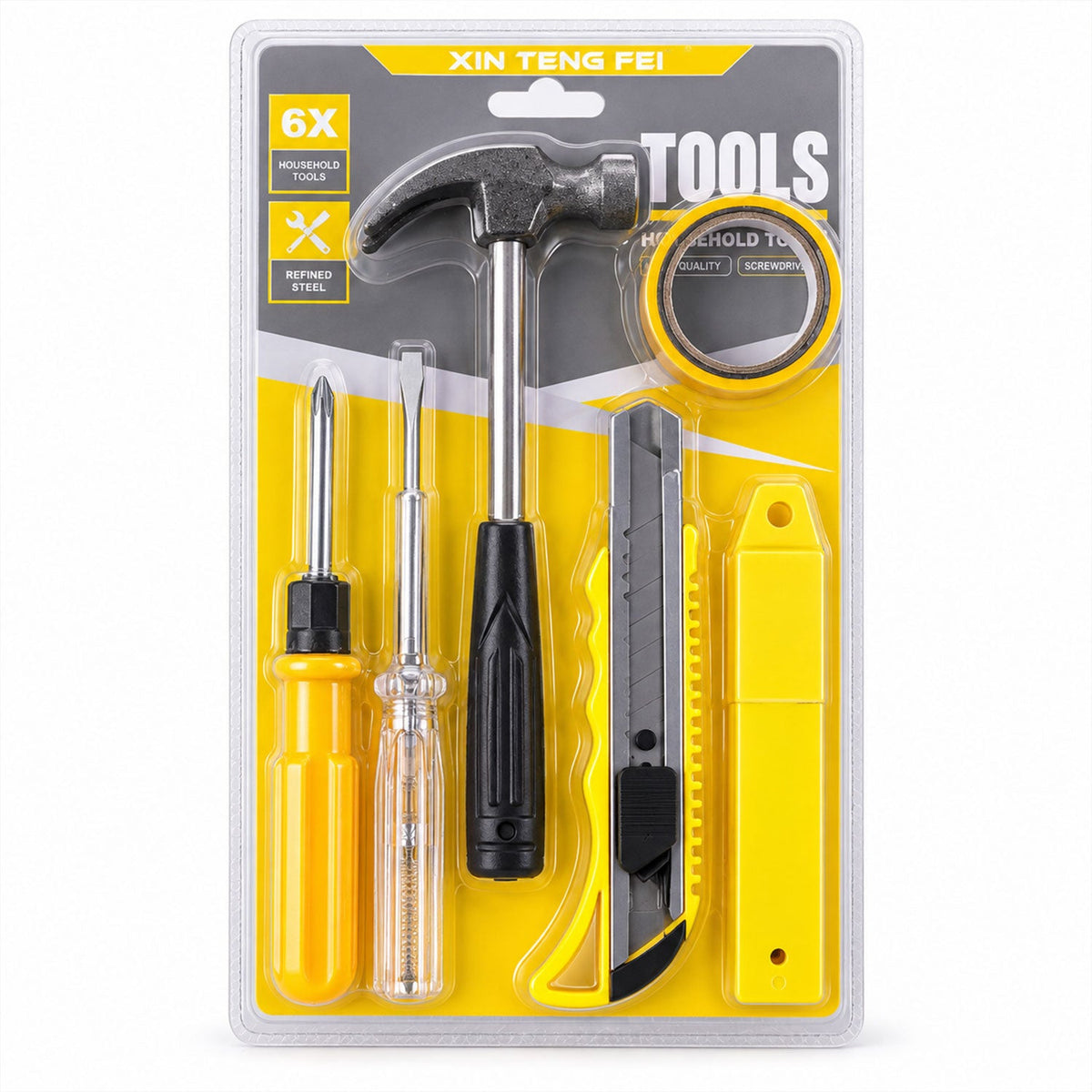 A single 6-in-1 household tool kit, including a hammer, screwdrivers, cutter, and tape, sealed in clear plastic packaging.