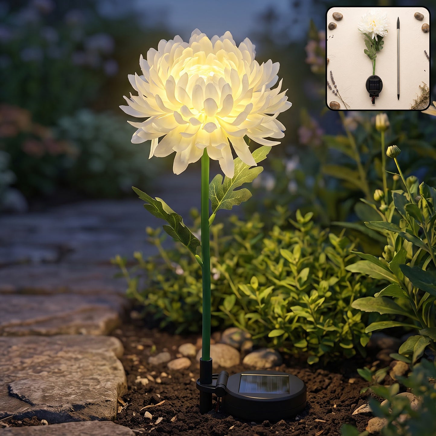 Solar garden flower light with panel detail