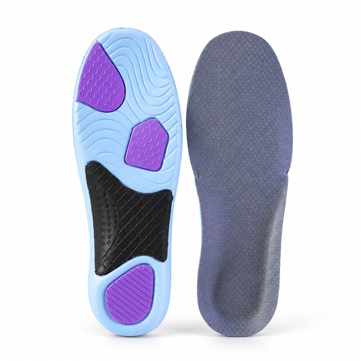 Cushioned shoe insoles on white background