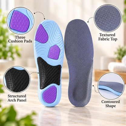 Cushioned insoles with arch panel and textured fabric top