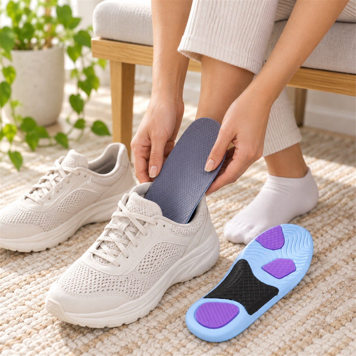 Cushioned insole being inserted into sports shoe