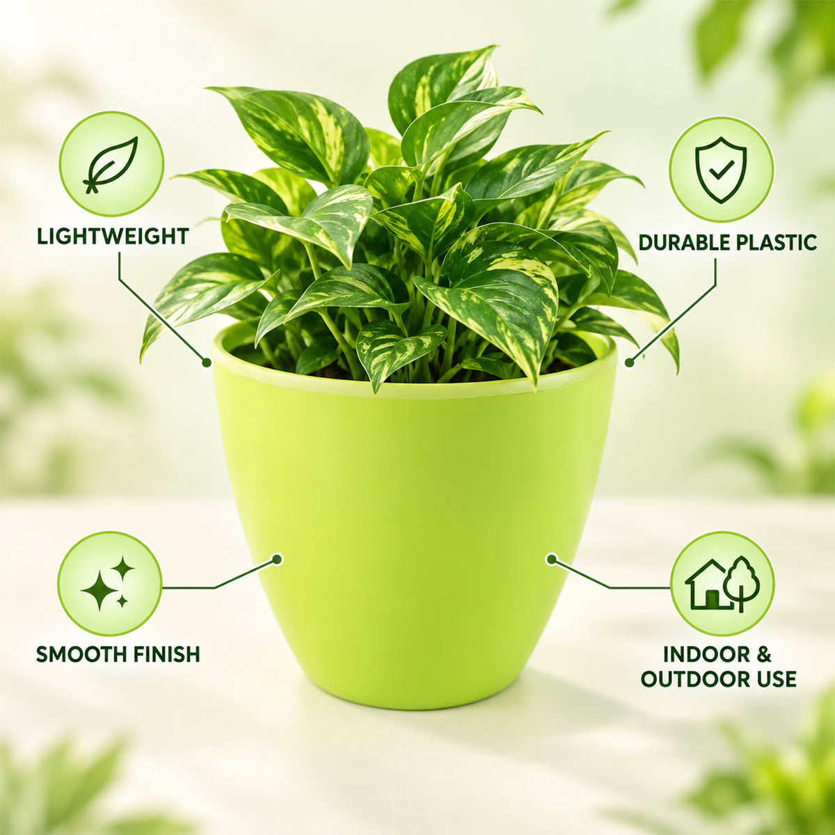 Lightweight durable smooth plastic flower pot features