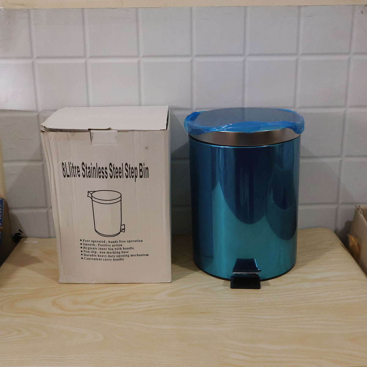 8 litre stainless steel pedal bin with white box packing