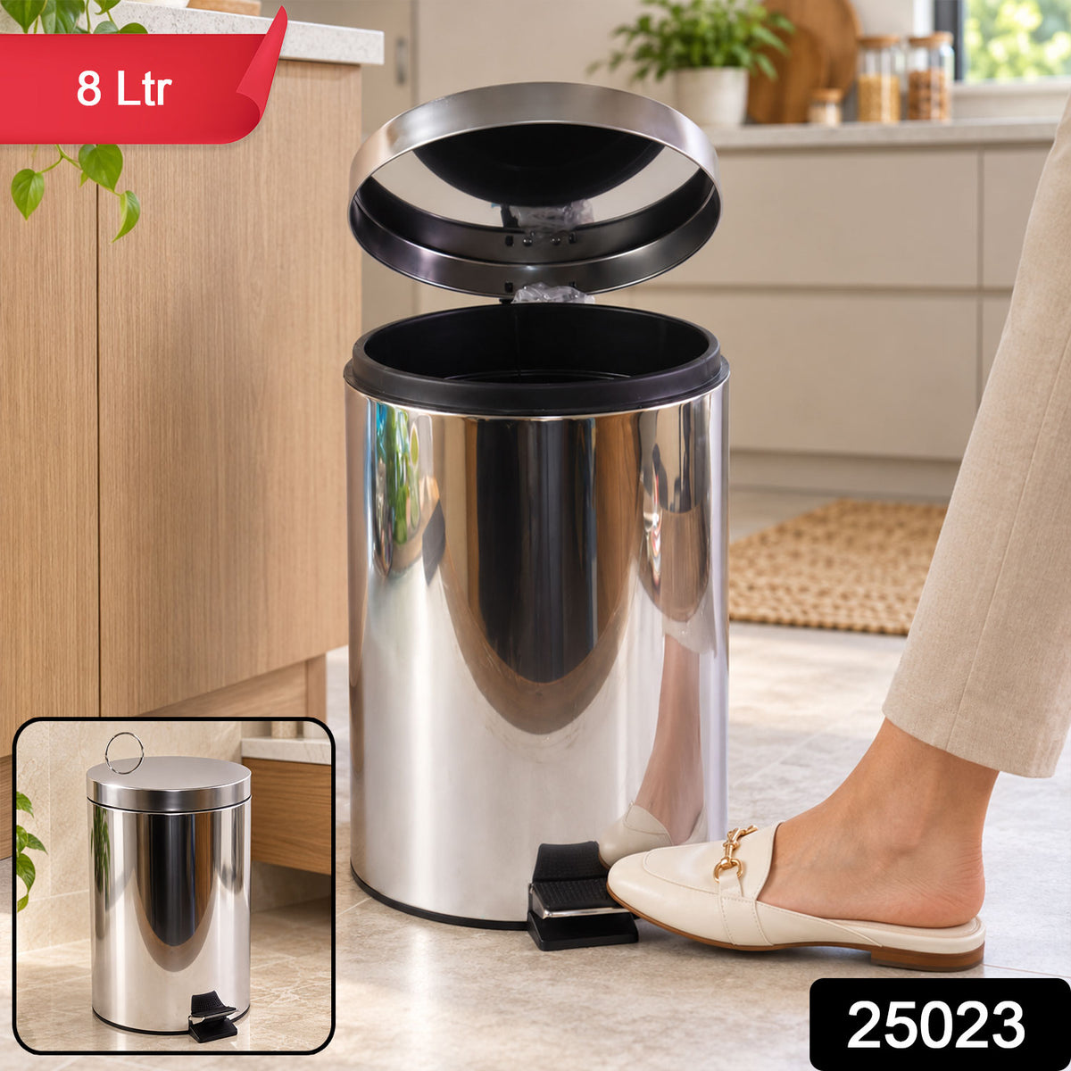 SKU 25023 stainless steel pedal dustbin 8 litre