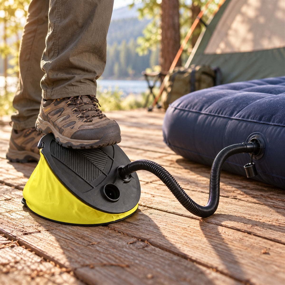 Manual foot pump used with inflatable air bed