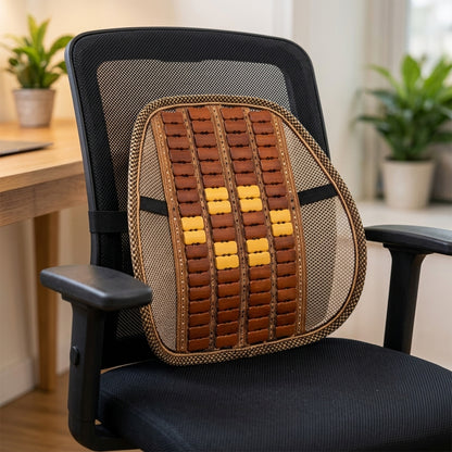 Mesh seat back support with wooden bead panel and securing strap 01