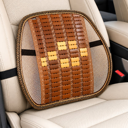 Mesh seat back support with wooden bead panel and securing strap 03