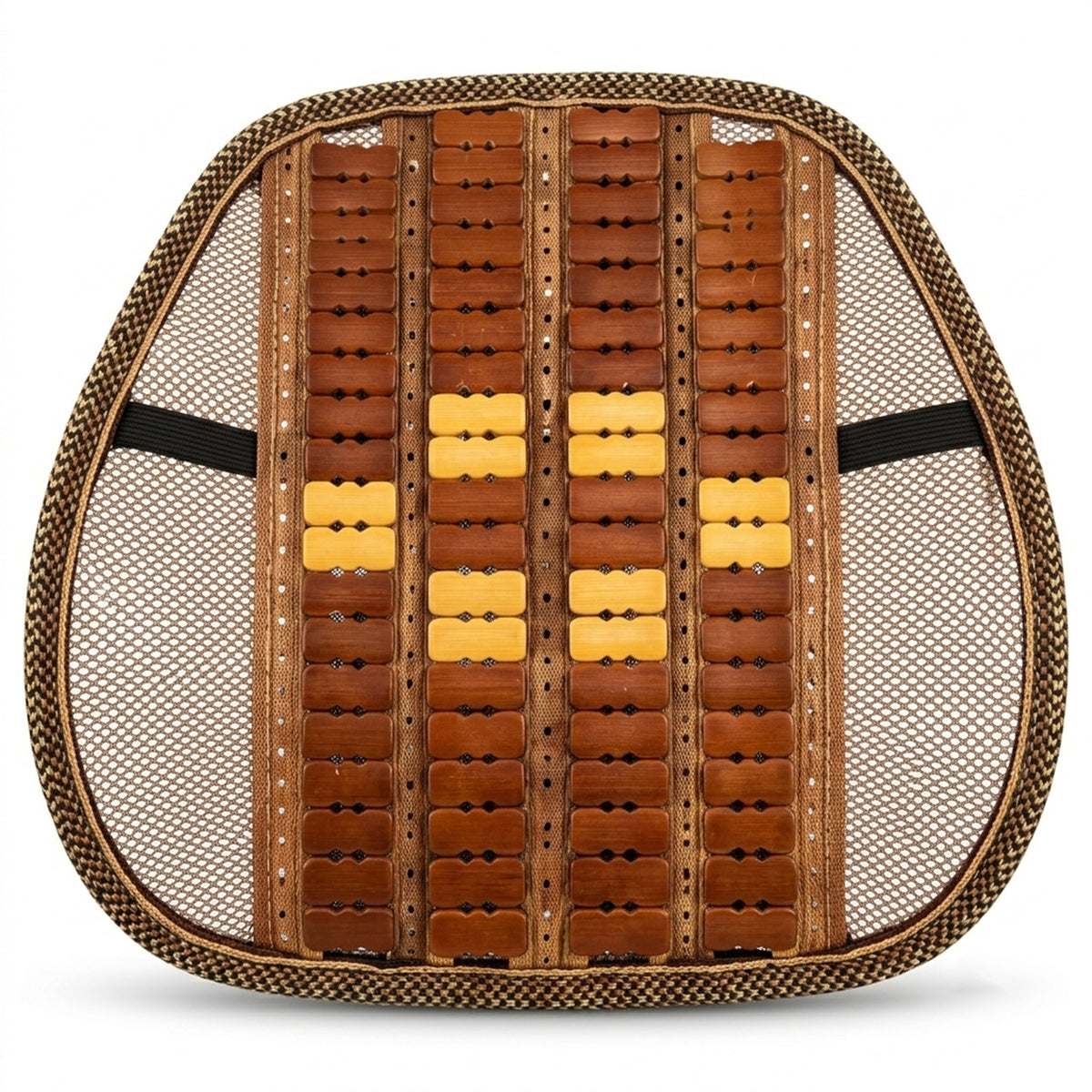 Mesh seat back support with wooden bead panel and securing strap 04