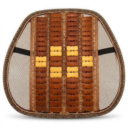Mesh seat back support with wooden bead panel and securing strap 04
