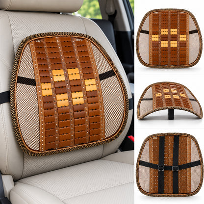 Mesh seat back support with wooden bead panel and securing strap 05