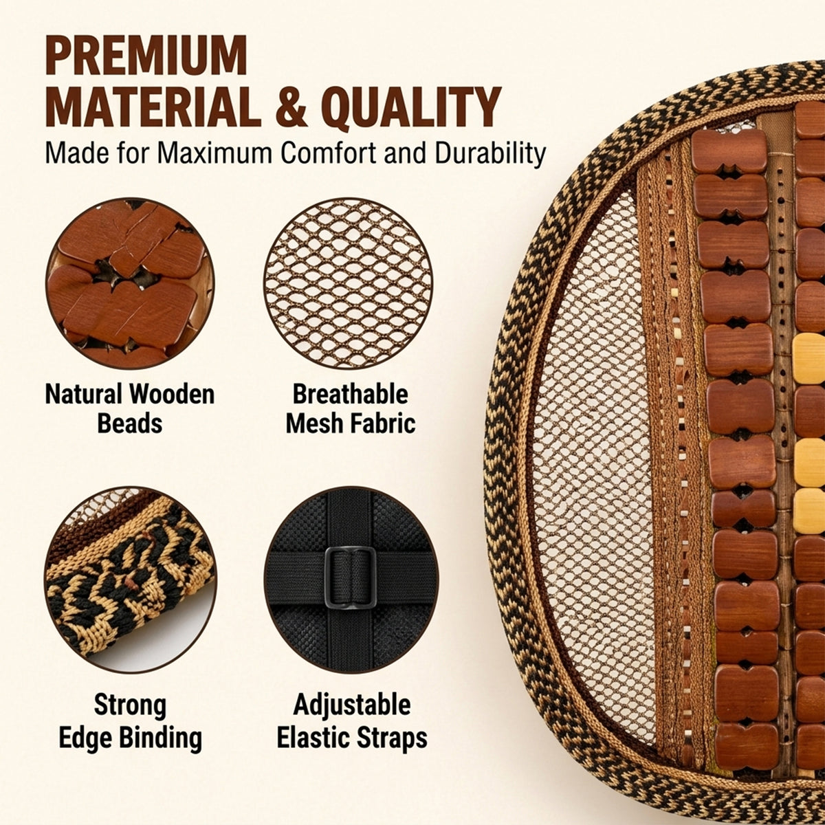 Mesh seat back support with wooden bead panel and securing strap 07