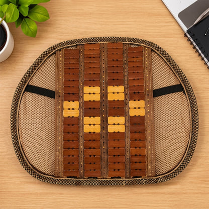 Mesh seat back support with wooden bead panel and securing strap 08