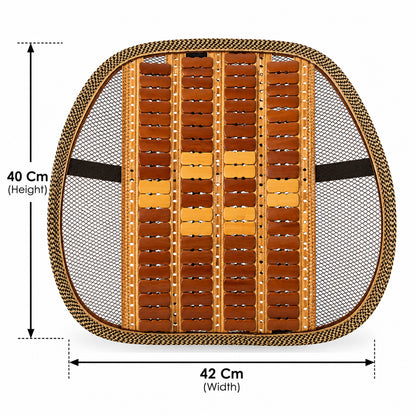 Mesh seat back support with wooden bead panel and securing strap size