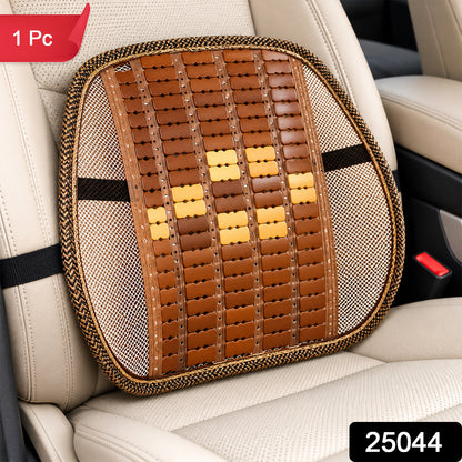 Mesh seat back support with wooden bead panel and securing strap sku