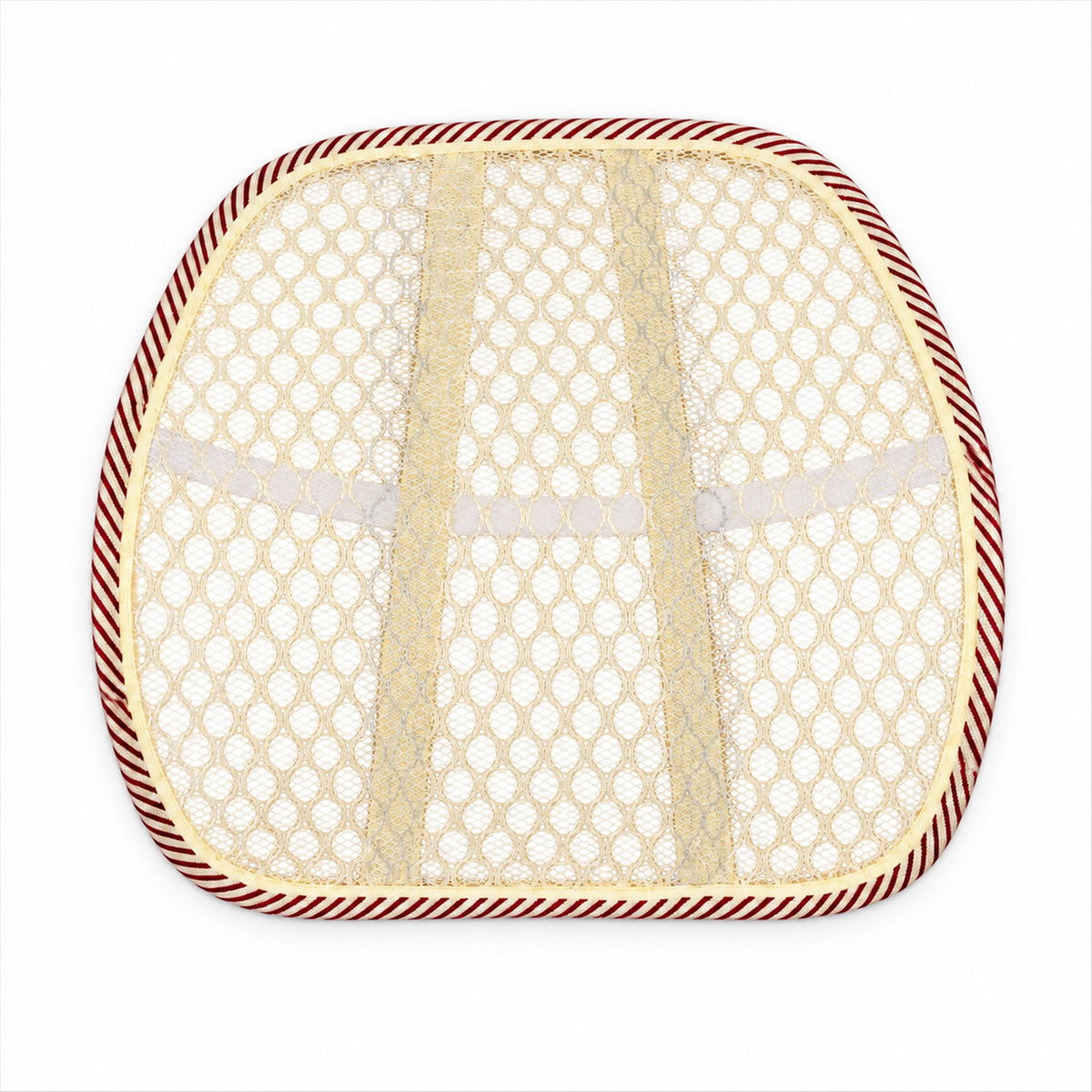 A beige mesh back support cushion with a red and white striped edge, featuring three vertical support strips and two