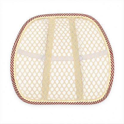A beige mesh back support cushion with a red and white striped edge, featuring three vertical support strips and two