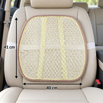A beige mesh back support cushion with dimensions of 41 cm height and 40 cm width is shown on a light-colored car seat.