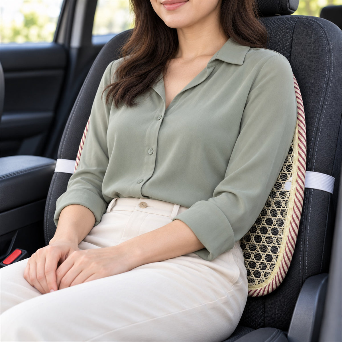 A woman in a light green shirt and cream pants sits in a car, utilizing a beige mesh back support cushion on a dark grey