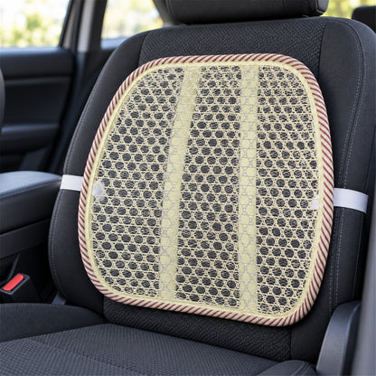 A beige mesh back support cushion with a red and white striped border is attached to a dark grey car seat with elastic