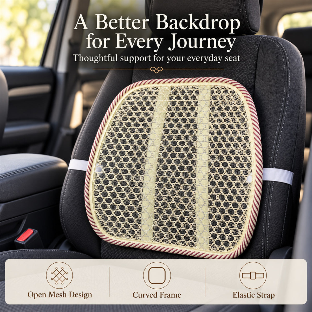 A beige mesh back support cushion with a striped border on a dark car seat, with text highlighting its open mesh design,