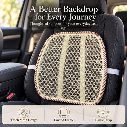 A beige mesh back support cushion with a striped border on a dark car seat, with text highlighting its open mesh design,