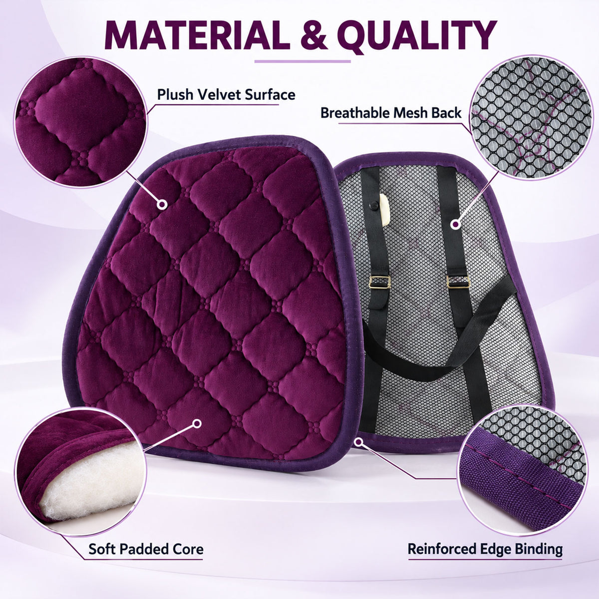 Purple Quilted Car Back Support Cushion