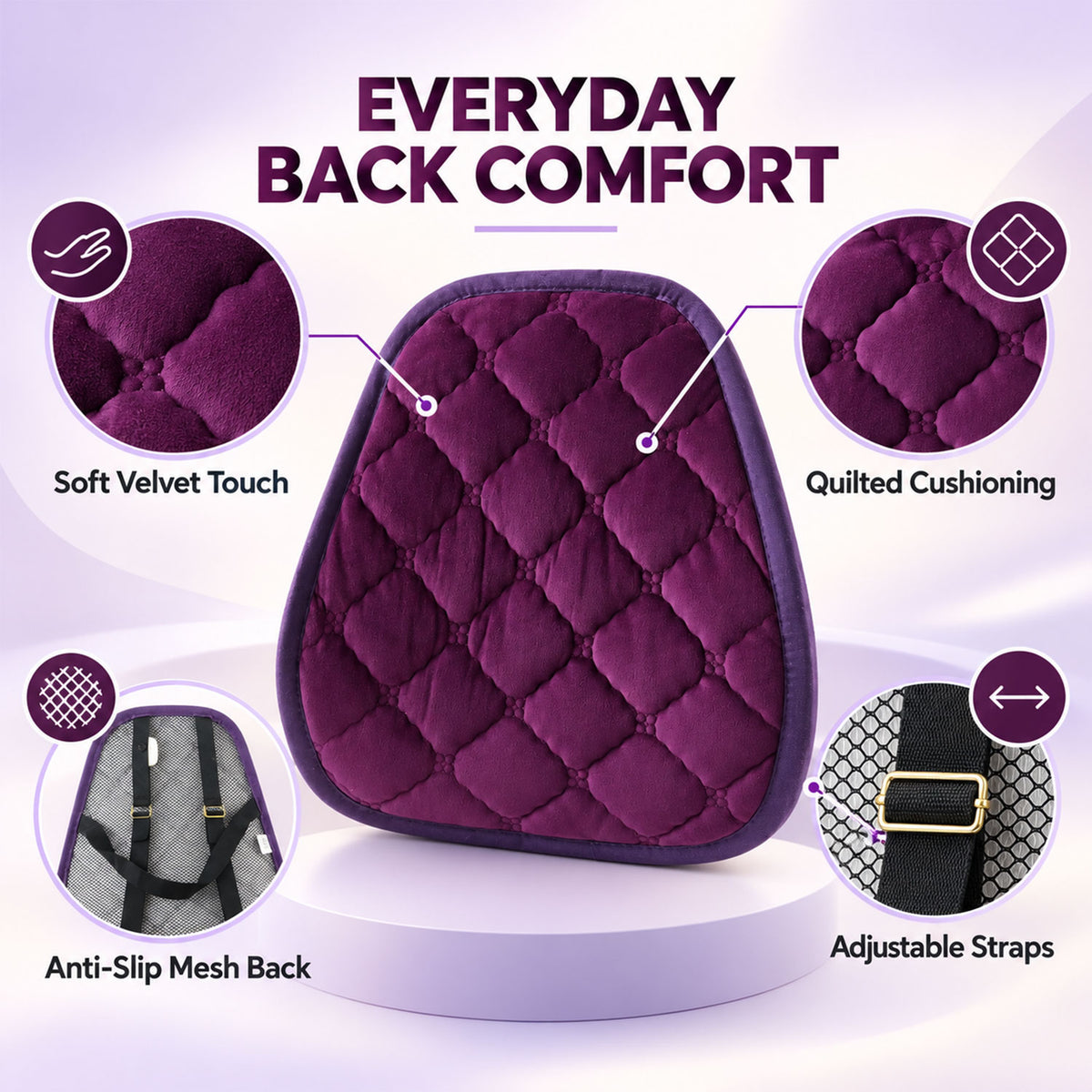 Purple Quilted Car Back Support Cushion