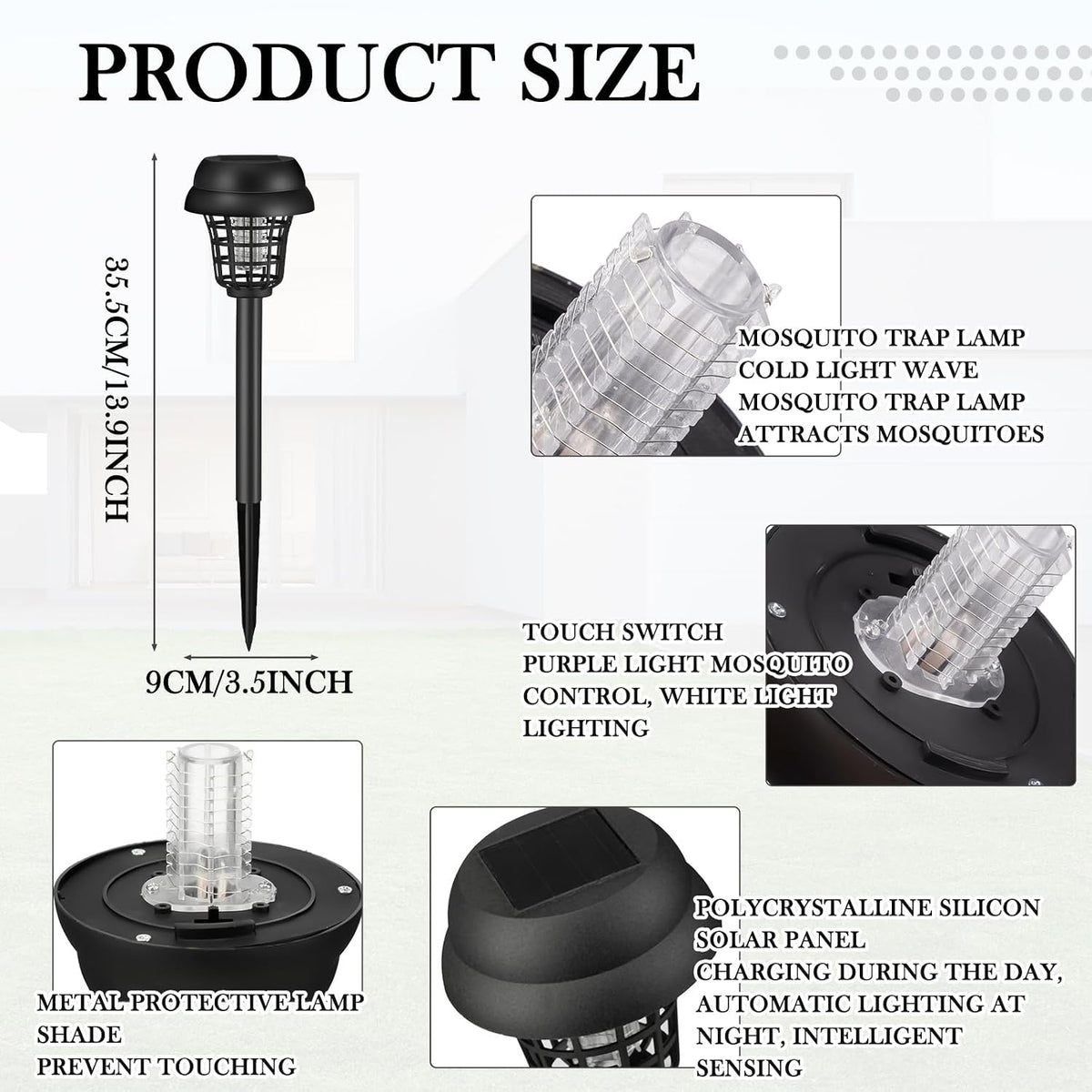 An infographic displays the lamp's dimensions, internal components, and functionality details.