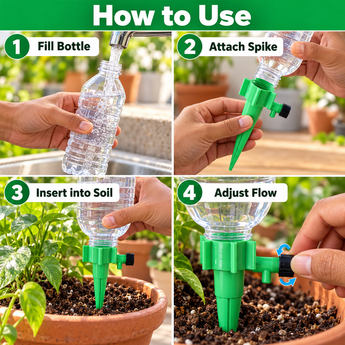 A four-panel image demonstrating how to use the watering spike: filling a bottle, attaching the spike, inserting it into