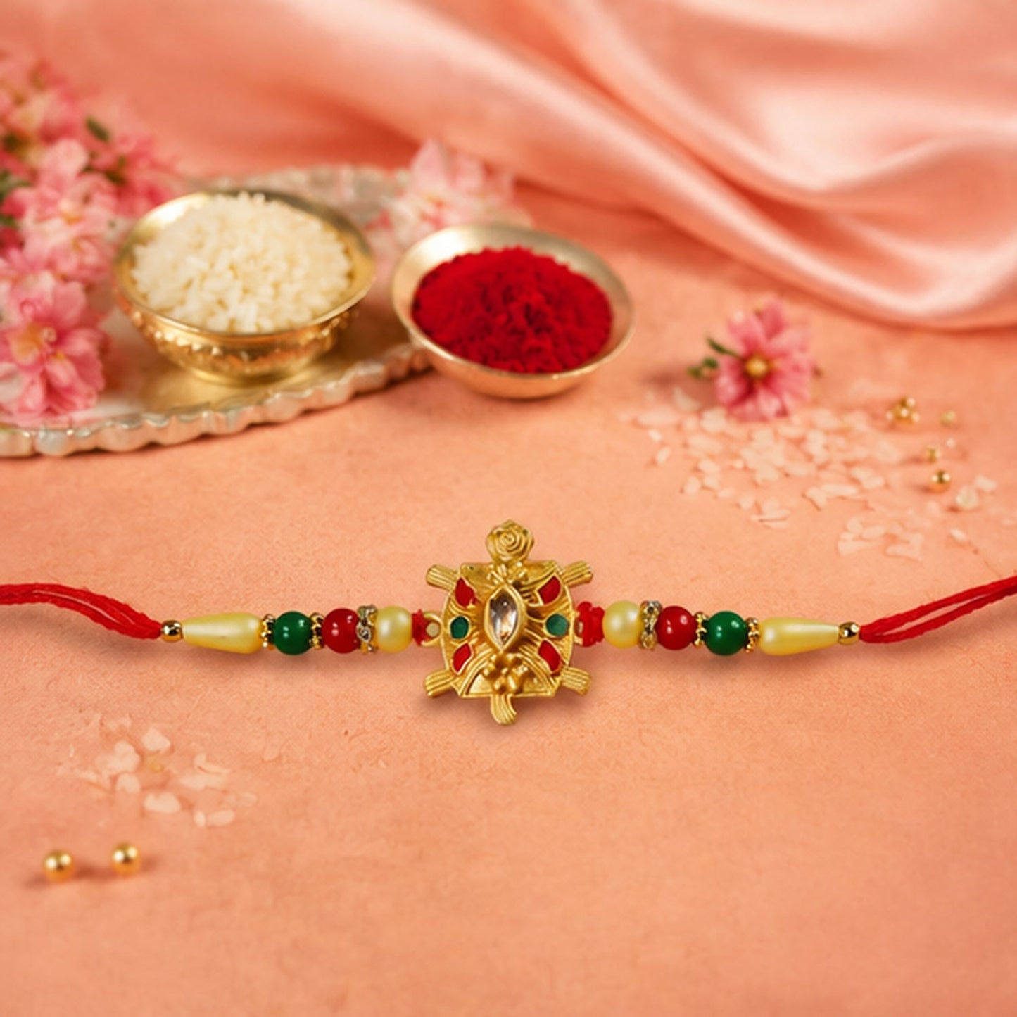 Stylish presentation of the Turtle Rakhi in its festive packaging, ready for gifting.
