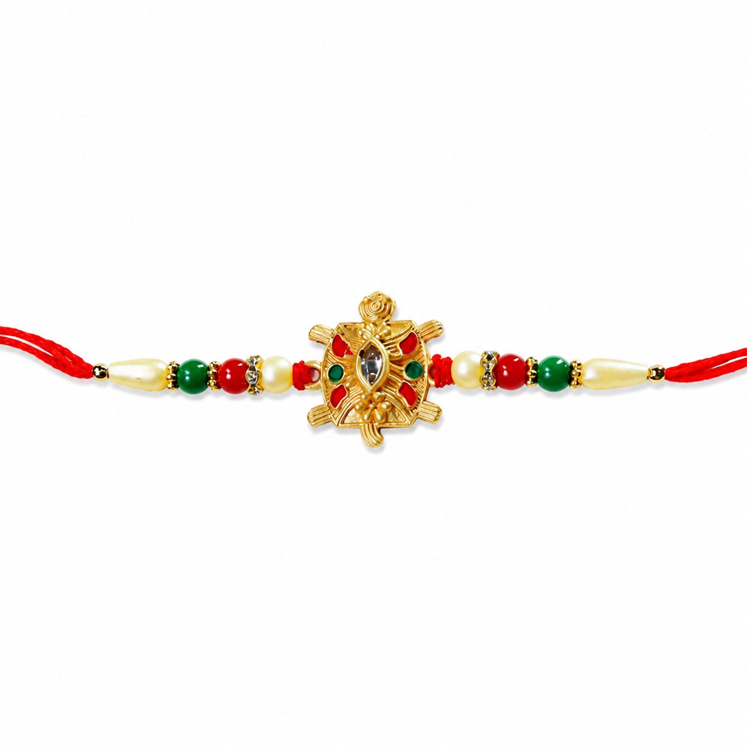 Side view of the handcrafted Turtle Rakhi, highlighting its unique turtle motif.