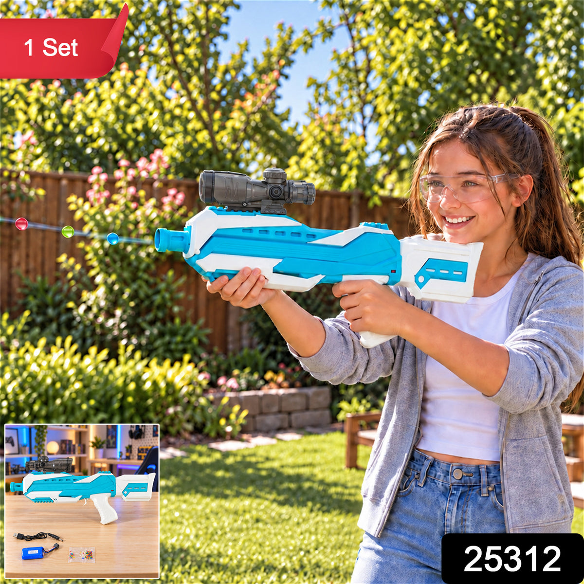 A girl in safety glasses holds a blue and white gel blaster, shooting colorful beads in a bright outdoor setting.