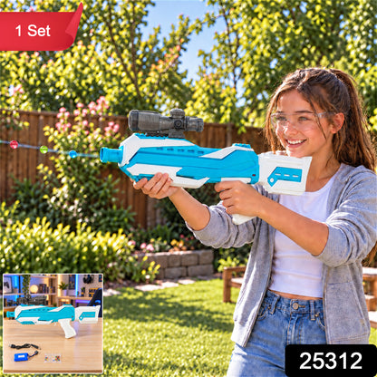 A girl in safety glasses holds a blue and white gel blaster, shooting colorful beads in a bright outdoor setting.