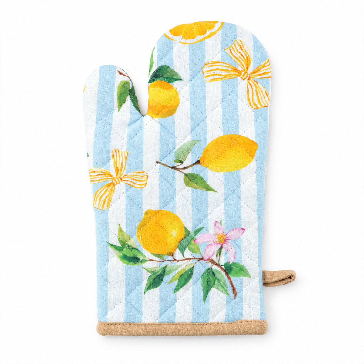 Lemon print quilted oven hand glove - white background