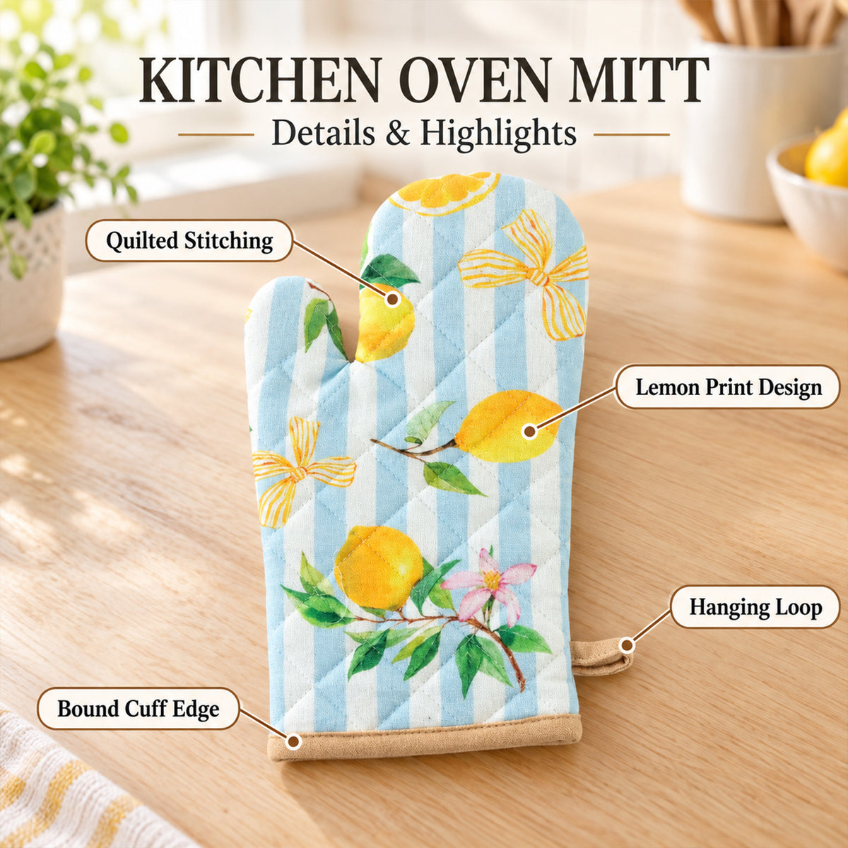Lemon print quilted oven hand glove - stitching and cuff details