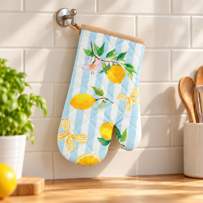 Lemon print quilted oven hand glove - hanging loop storage