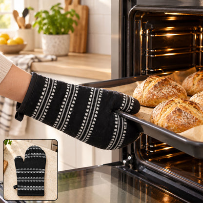 Black striped padded oven hand glove - kitchen use display