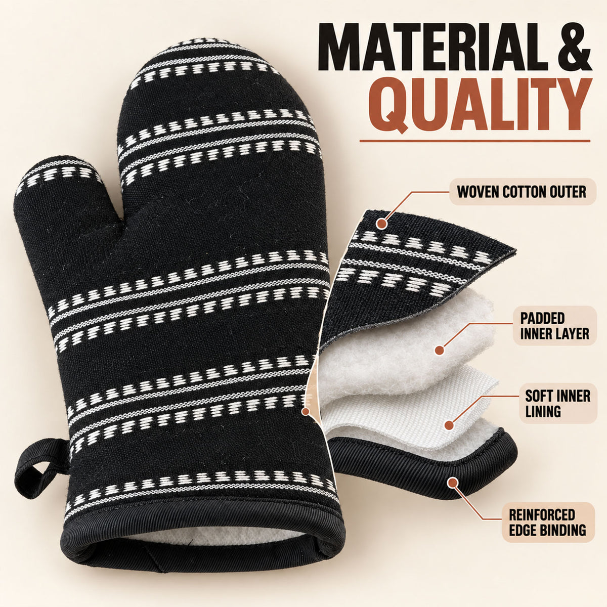 Black striped padded oven hand glove - padded construction details