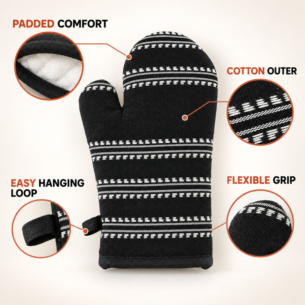 Black striped padded oven hand glove - hanging loop and fabric