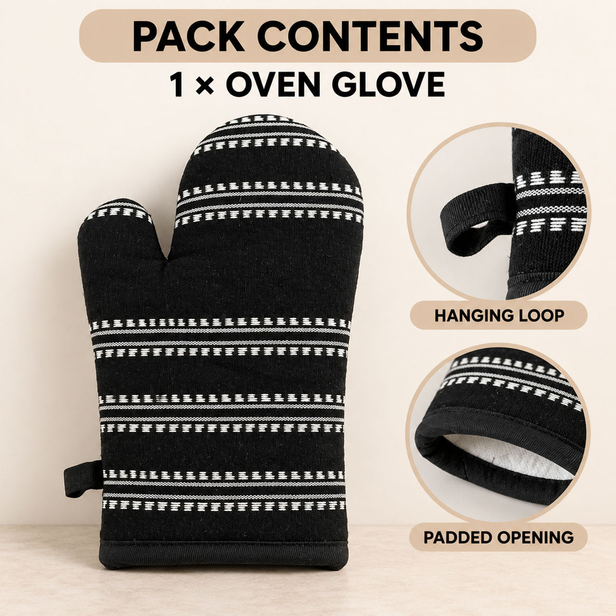 Black striped padded oven hand glove - package contents