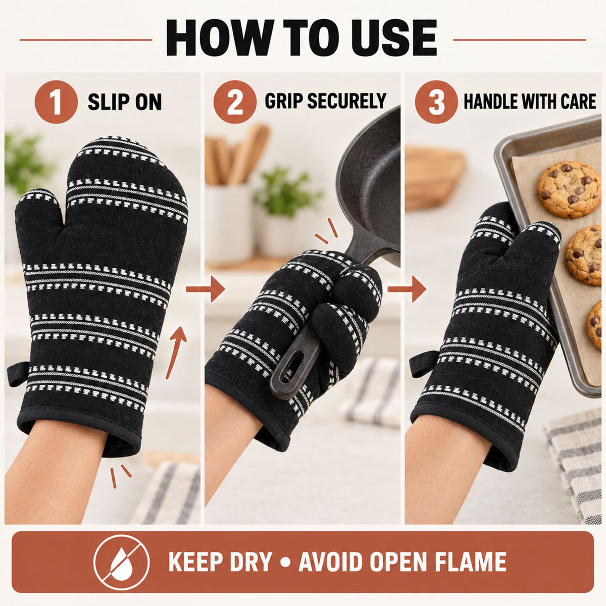 Black striped padded oven hand glove - usage guide