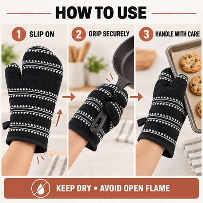 Black striped padded oven hand glove - usage guide