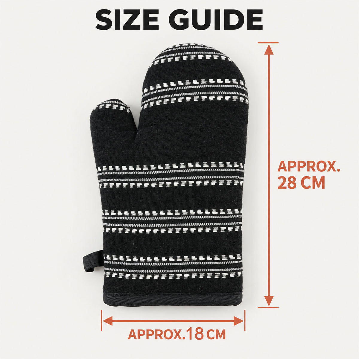 Black striped padded oven hand glove - dimensions