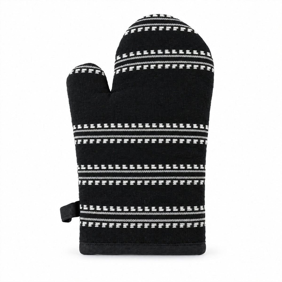 Black striped padded oven hand glove - white background
