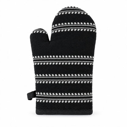 Black striped padded oven hand glove - white background