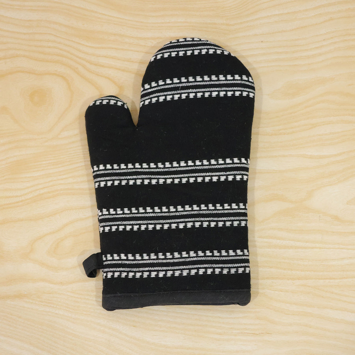Black striped padded oven hand glove - actual product