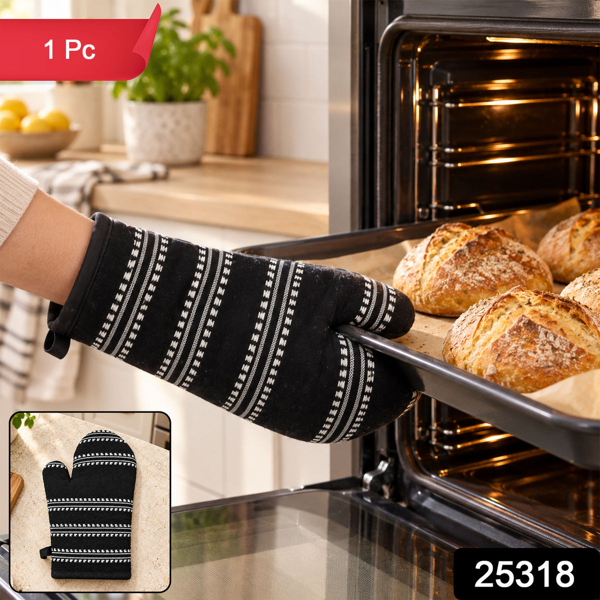 Black striped padded oven hand glove - SKU photo