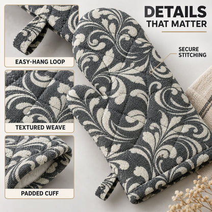 Floral quilted oven hand glove - stitching and hanging loop