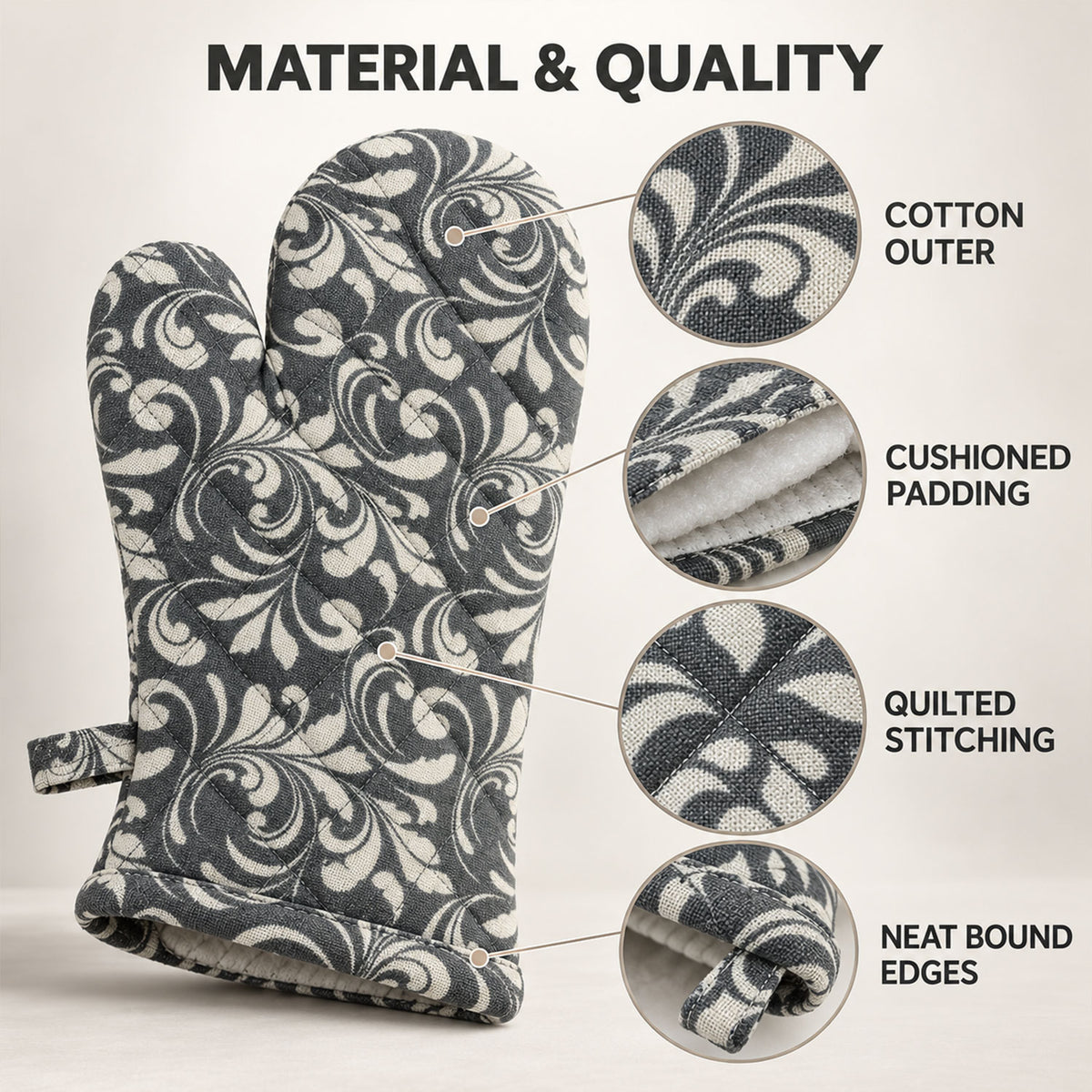Floral quilted oven hand glove - padded construction details